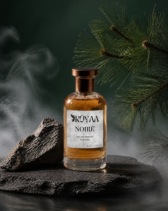 A perfume bottle sits centered on a rough-hewn slate slab, positioned alongside a jagged, textured r