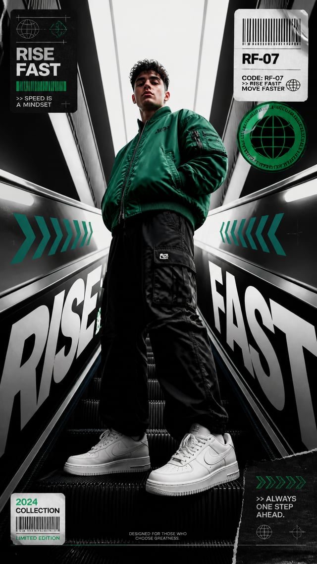 A premium 9:16 sports-fashion editorial advertising poster.Main Subject:A determined young male mode