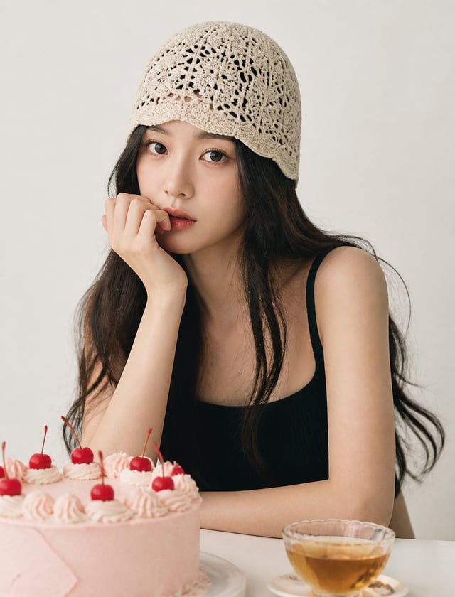 A young woman with long, dark, flowing hair wears a beige, intricate crochet beanie, her hand gently
