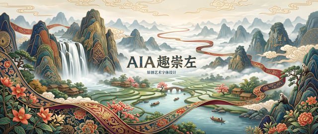 国际高端文旅活动主视觉KV，主题"AIA 趣崇左"，21:9超宽银幕构图，电影级视觉，高级商业海报设计。整体风格参考中国非遗织锦艺术、壮锦工艺、金线刺绣、古典山水长卷，不是普通插画，而是织物与山水自然