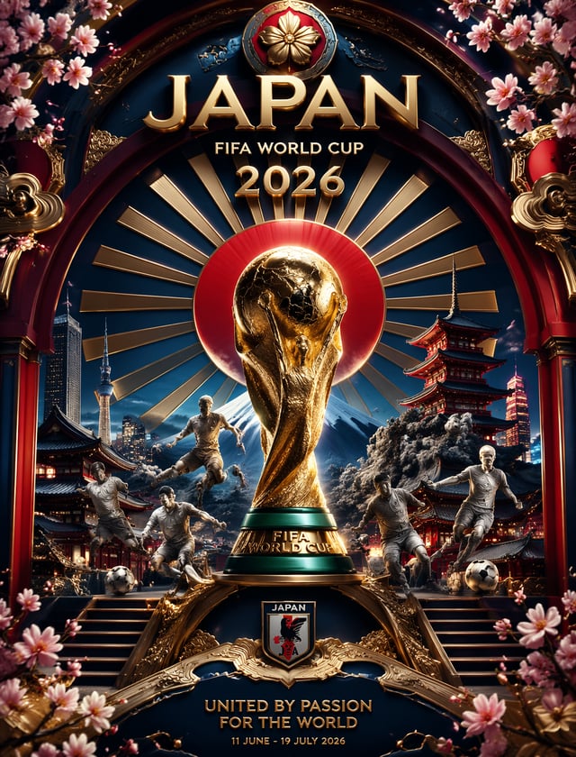 Ultra-detailed 3D baroque poster, Japan World Cup 2026, FIFA trophy in center, deep blue-red palette