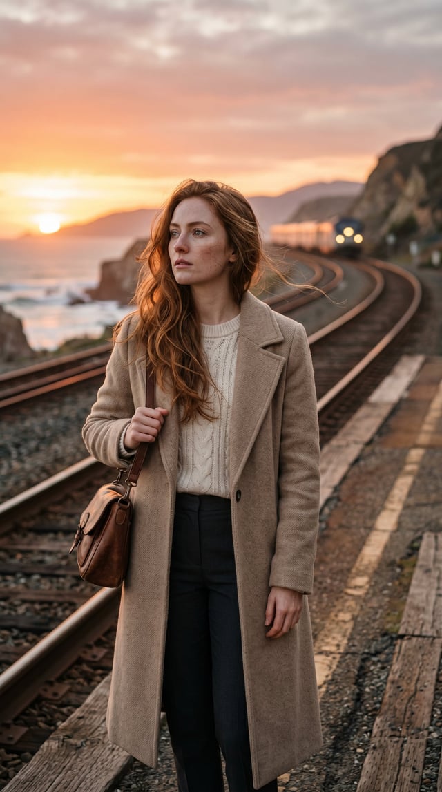 Ultra-realistic cinematic portrait of a beautiful young woman with long wavy auburn hair standing al