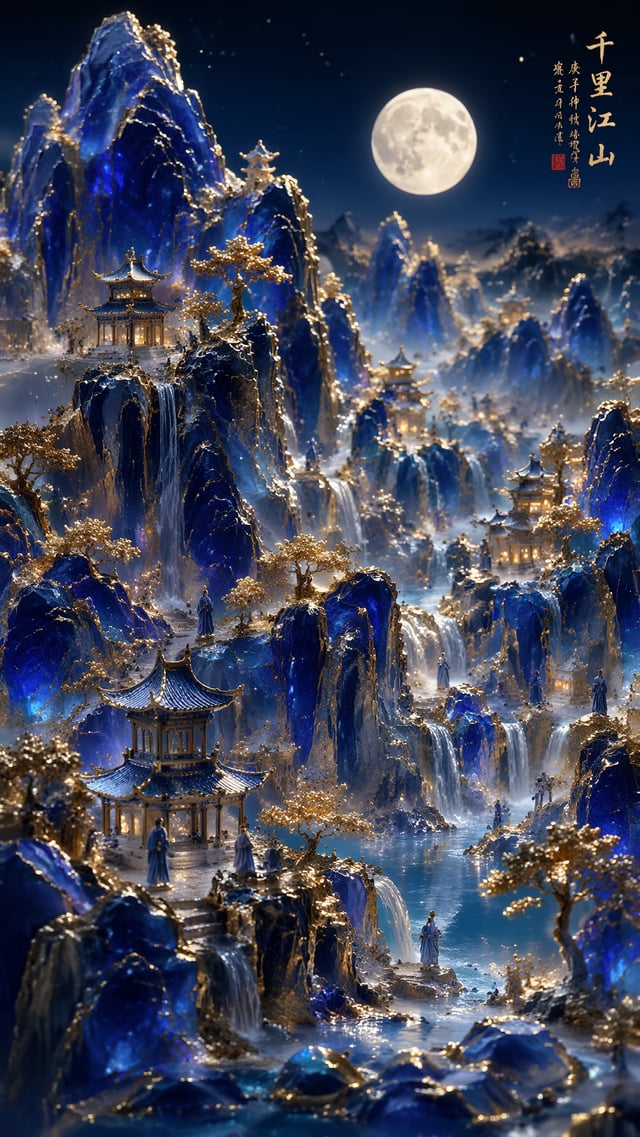 Vertical Chinese traditional landscape painting, 3D relief scene of "A Thousand Li of Rivers and Mou