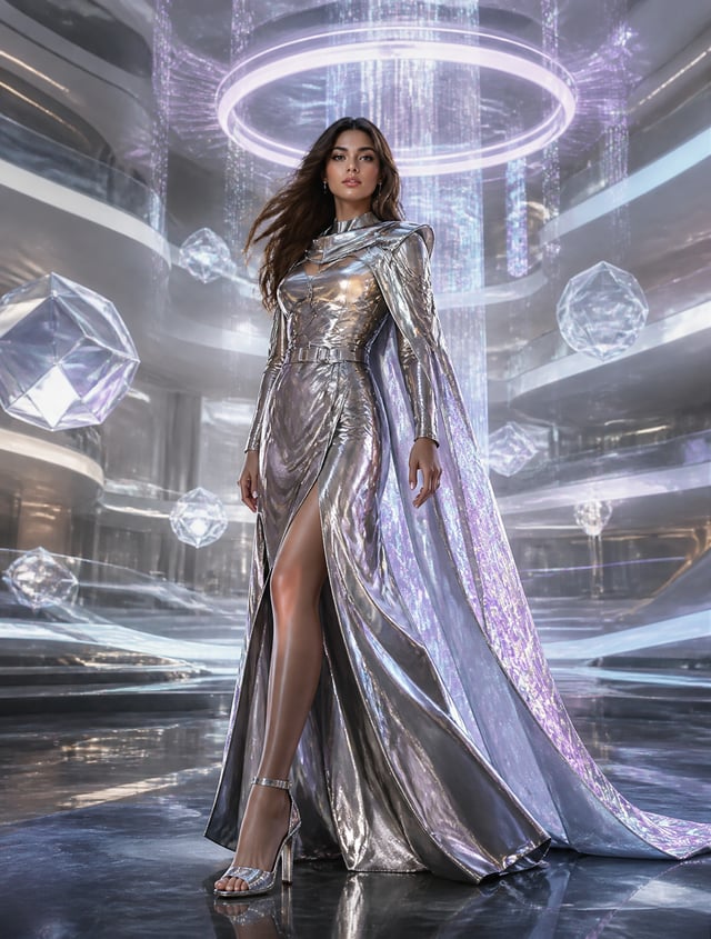 Ultra-realistic futuristic luxury fashion editorial featuring a confident young woman standing in th