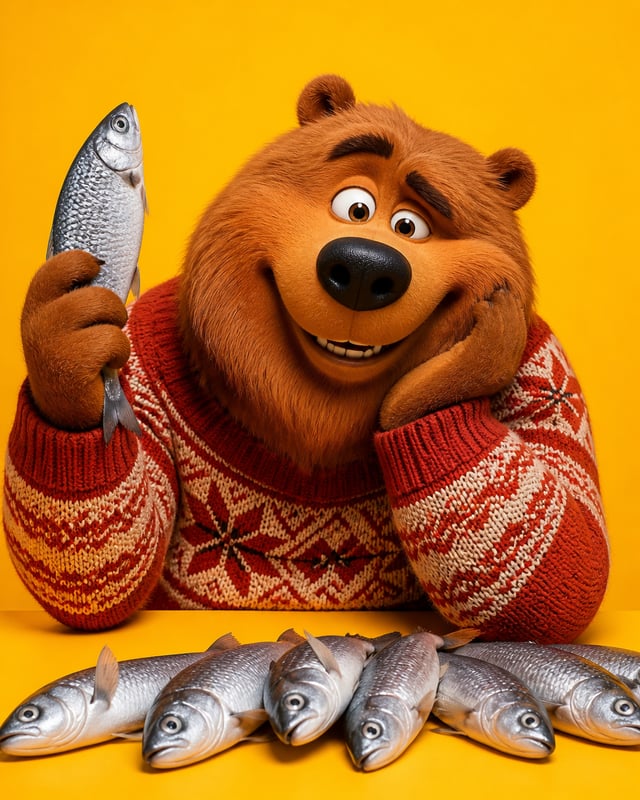 grizzy  smiling while holding a fish Dark  covering one eye, resting his cheek on her hand, wearing 
