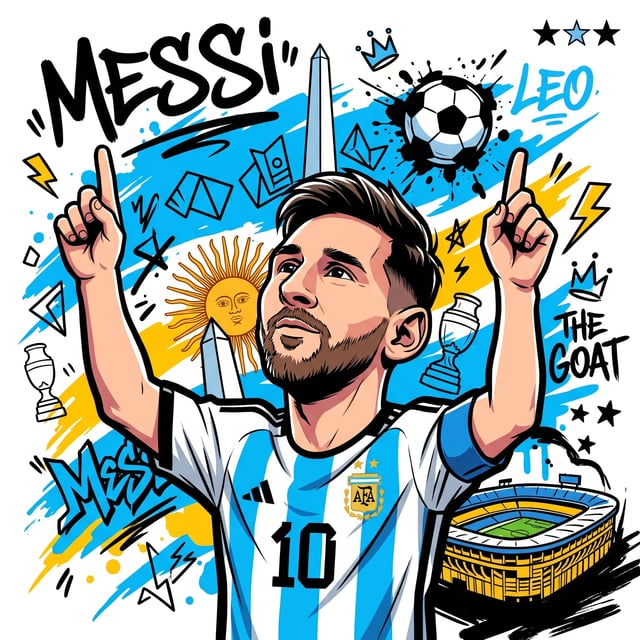A high-contrast vector-art illustration of Lionel Messi in a dynamic chibi-anime caricature style, i