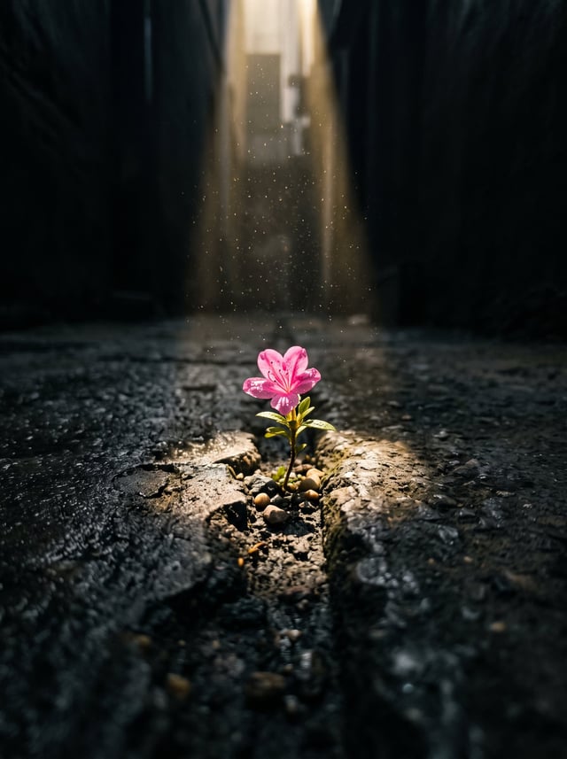 A cinematic macro shot of a small, bright pink flower sprouting through a crack in a cold concrete f