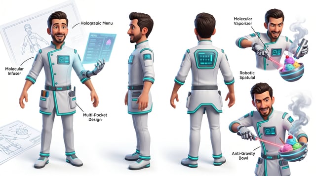 Pixar-inspired futuristic dessert scientist chef character sheet, neon-accented uniform, robotic des