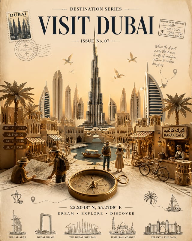 Create a premium vintage travel magazine cover poster for Dubai in a vertical 4:5 composition.Automa