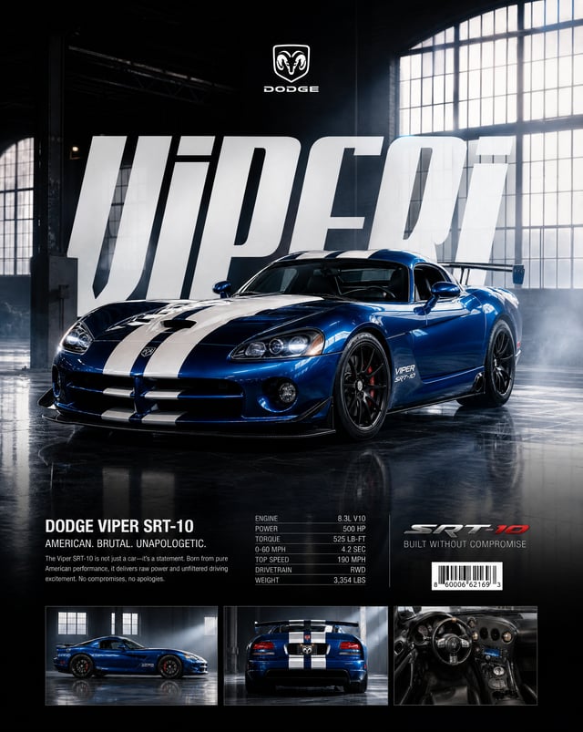 Universal Dodge Viper Style Vehicle Poster Prompt(Use your own vehicle photo as the image reference.