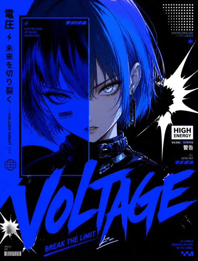 Electric Blue & Jet BlackAnime girl with short electric blue bob haircut and sharp silver eyes, vivi