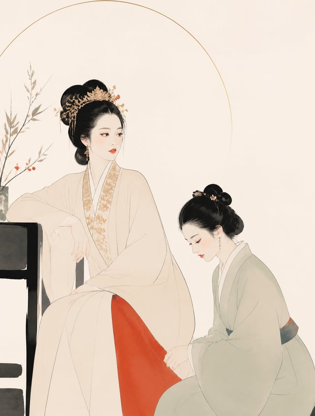 一张极简主义现代杂志风格插画，主体为红楼梦里的王熙凤和平儿。画面以干净流畅的线条塑造形象，造型简洁但富有美感，背景保留大面积留白，配色以柔和中性色为主，并加入少量鲜艳色彩作为视觉焦点。整体构图精致平衡
