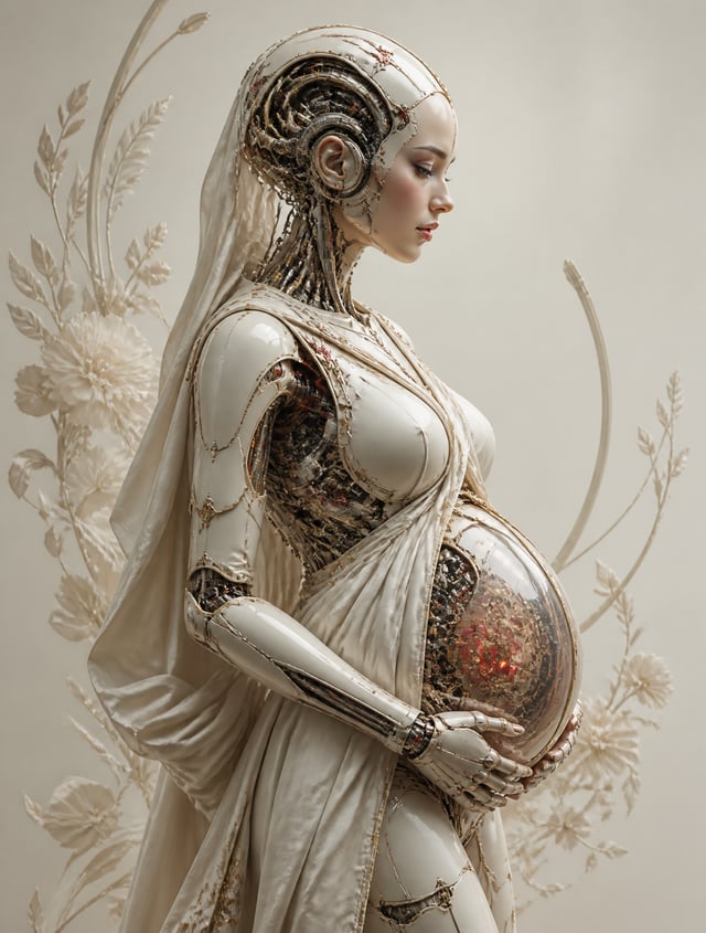 A breathtaking futuristic biomechanical maternity portrait of a pregnant female android in elegant s