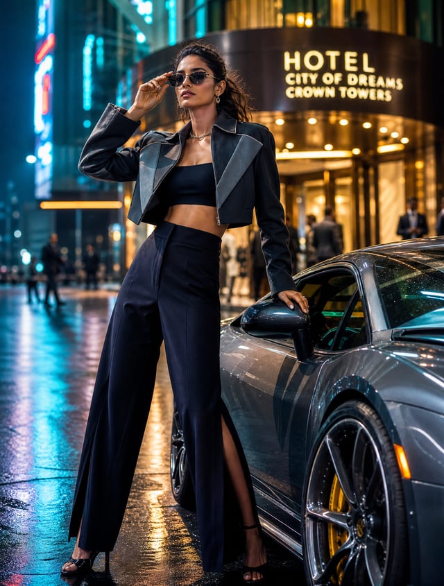 A striking South Asian fashion model in a high-end modern street-luxury ensemble. She wears a tailor
