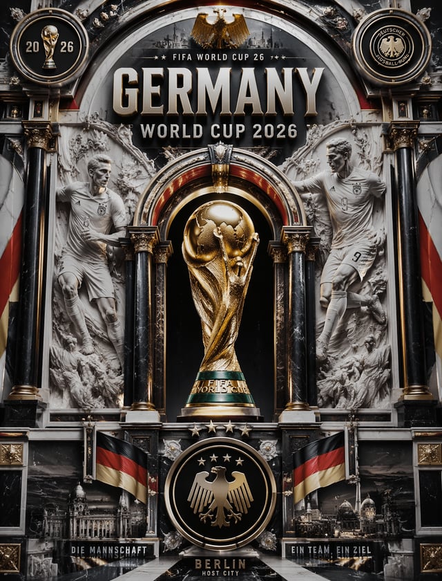Ultra-detailed 3D baroque poster, Germany World Cup 2026, FIFA trophy centered in black-white-red ma