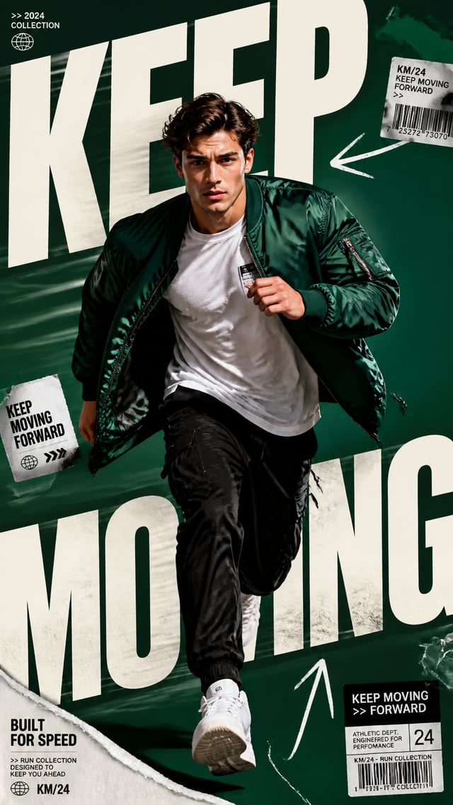 A premium 9:16 fashion editorial campaign poster.Main Subject:A stylish young male model running dir