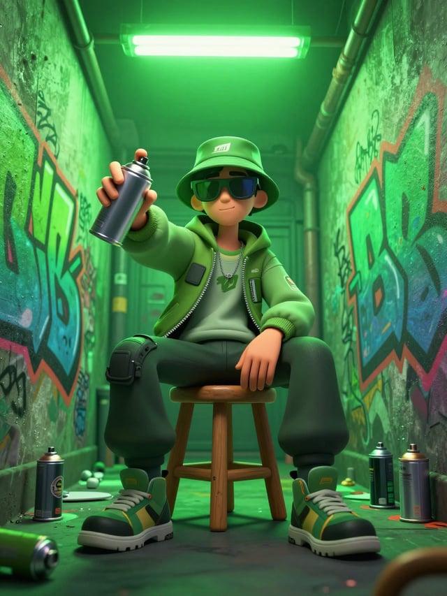 A stylized 3D character with a street-art aesthetic sits on a wooden stool in a narrow, vertical all