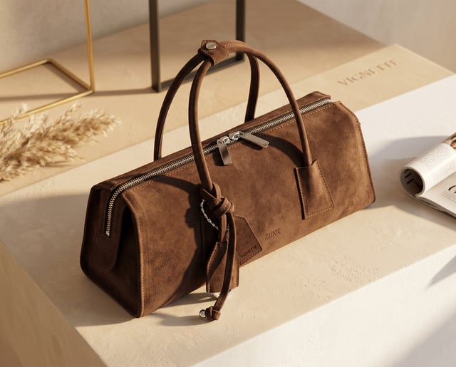 use the reference image to generate an advertisement post of a premium brown leather handbag in a lu