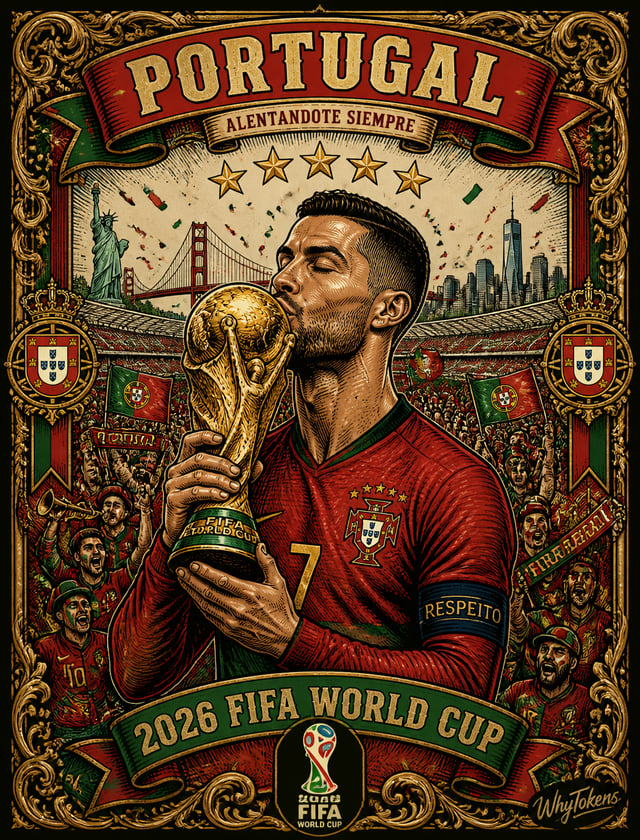 Main visual: Cristiano Ronaldo, middle-aged with beard, eyes closed passionately kissing the FIFA Wo