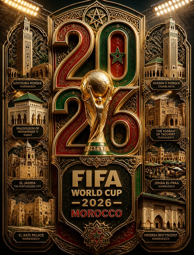 Ultra-detailed luxury 3D FIFA World Cup 2026 Morocco poster. Massive layered "2026" typography domin