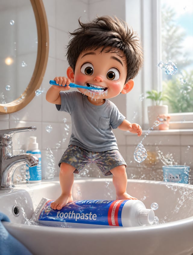 A whimsical, ultra-detailed 3D illustration of a cute toddler boy with an oversized head and big exp