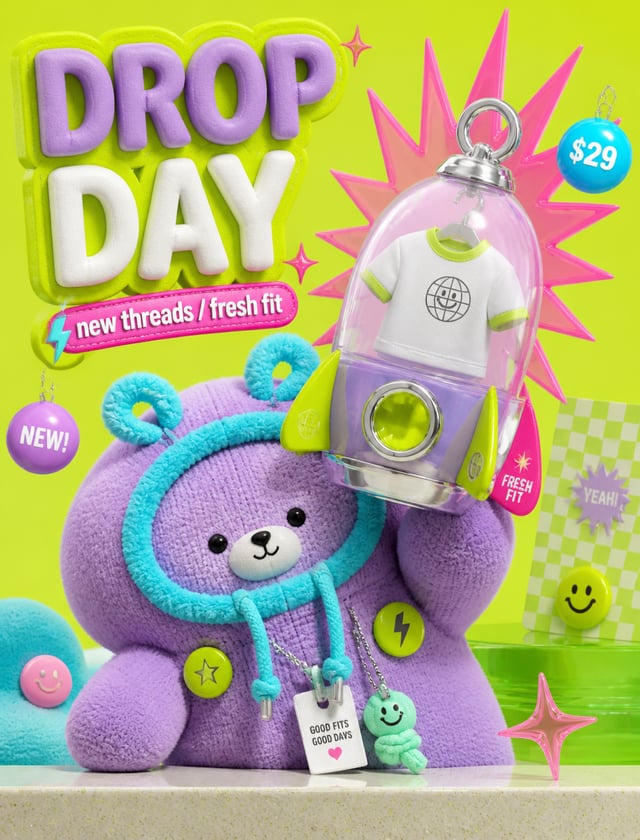 A glossy toy-advertising 3D style built from acid lime studio backdrops, oversized fuzzy plush masco