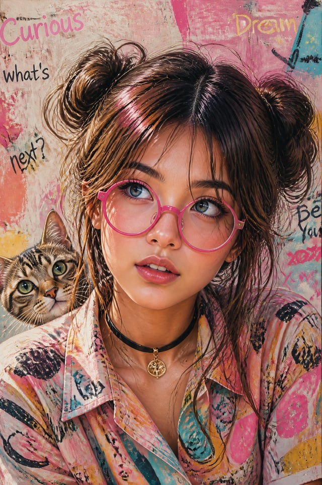 A girl with big expressive blue eyes, wearing bright pink round glasses, a colorful patterned shirt,