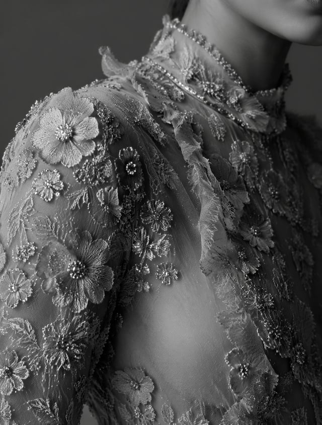 Close-up couture garment detail, luxury fashion editorial photography, monochrome image, intricate f