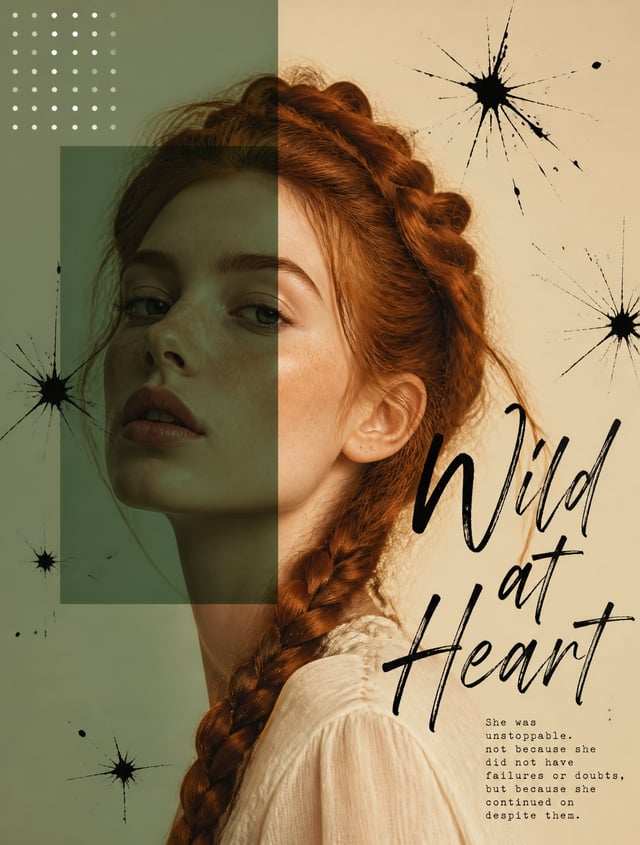 Artistic portrait of a woman with braided red hair, overlapping sage green rectangle with dark tint 