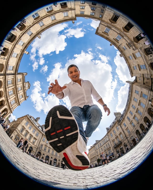 Ultra-realistic action photography, extreme fisheye lens, 8mm, worm’s-eye view from ground level, dy