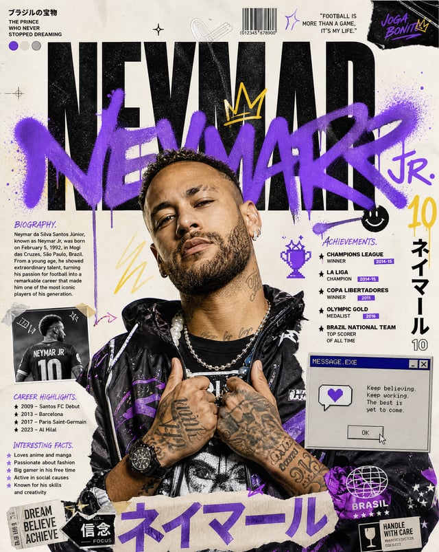Create an ultra-premium modern Japanese street-art editorial poster featuring NEYMAR JR as the main 