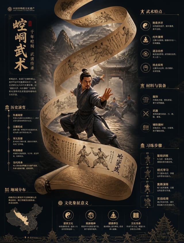中国非物质文化遗产信息图海报，竖版3:4构图画面中心:展示崆峒武术‌的核心场景(工艺制作/表演/人物操作)，具有强叙事感视觉主结构:一条巨大的丝带/卷轴在空间中盘旋贯穿画面，表面装饰与[主题]相关的传