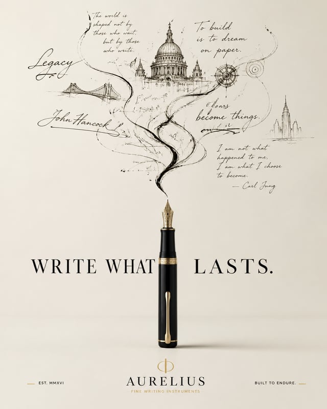 Create a premium advertising poster for a luxury fountain pen.The pen stands upright in the center o