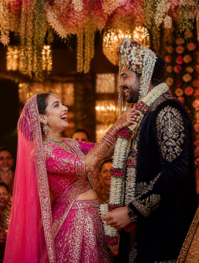 "An ultra-realistic DSLR cinematic portrait of a bride and groom during the varmala exchange at a gr