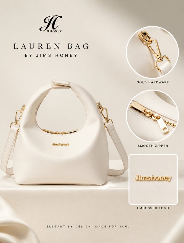 A high-end studio product advertisement features an off-white leather hobo bag against a minimalist,