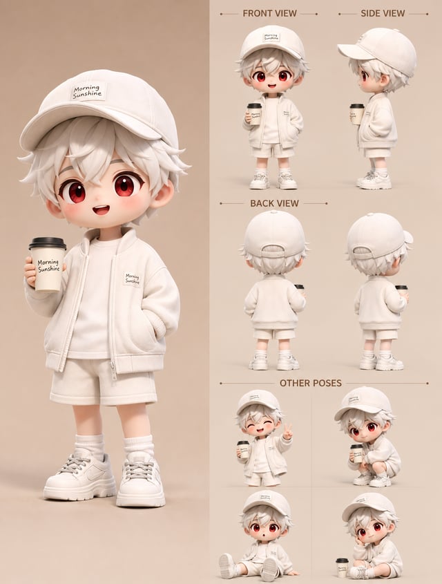 A cute 3D chibi character design sheet, a young boy with short messy white hair, big round red eyes,