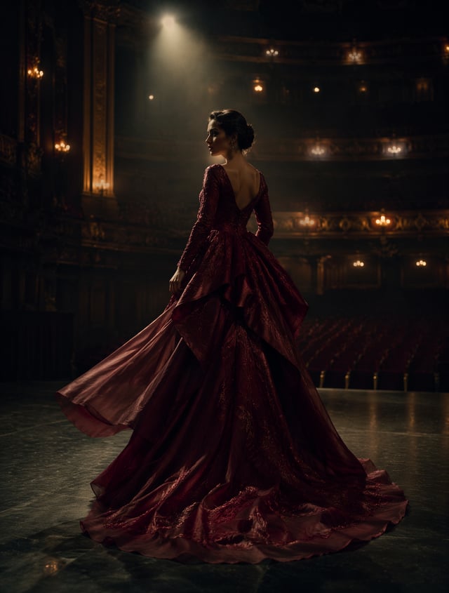 Ultra-realistic cinematic fashion photography of a beautiful woman.She wears a dramatic burgundy cou