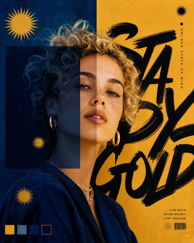 Azure & Gold Editorial portrait of a young woman with curly blonde hair, split composition with deep