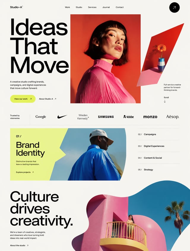 A vibrant creative studio landing page with oversized Swiss typography, colorful editorial photograp
