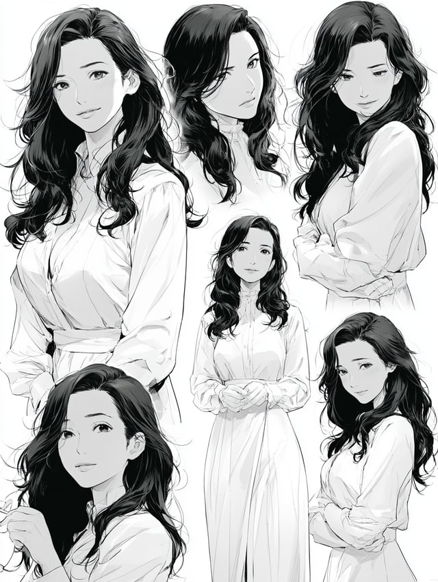 Ultra detailed manga character sheet, elegant Japanese mother, age early 40s, long dark wavy hair, g