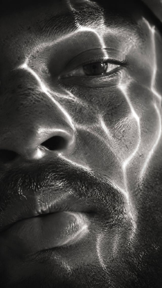 A hyperrealistic 8K black and white extreme close-up portrait of a young man's face, focusing tightl