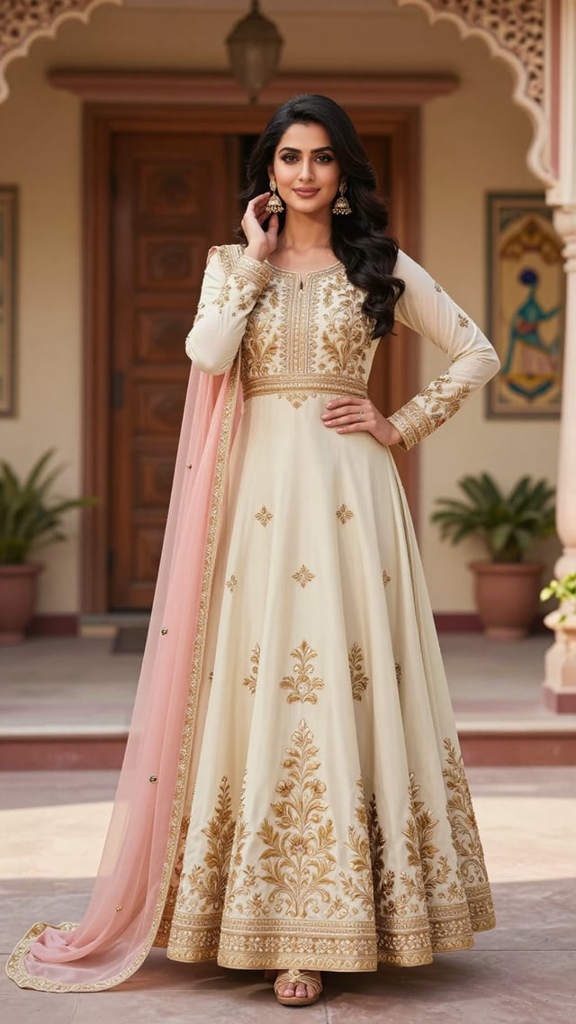 Ultra-realistic cinematic portrait, a beautiful young woman standing gracefully in front of an elega