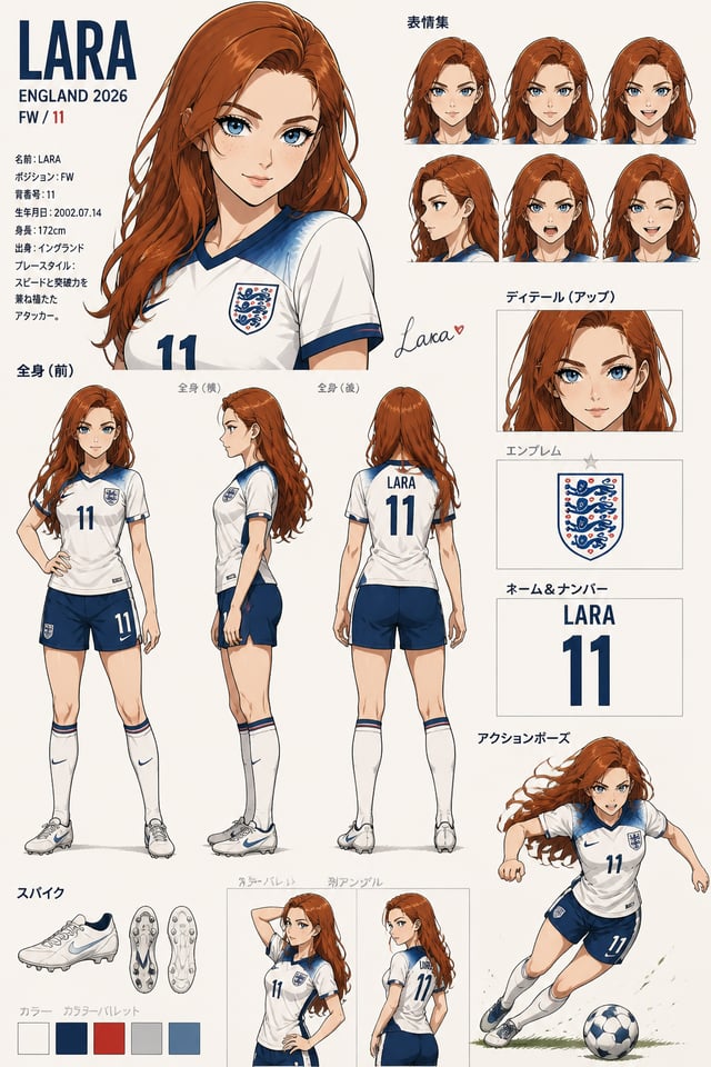 Create a character sheet of this England Player  wearing England jersey kit 2026 called LARA with cl