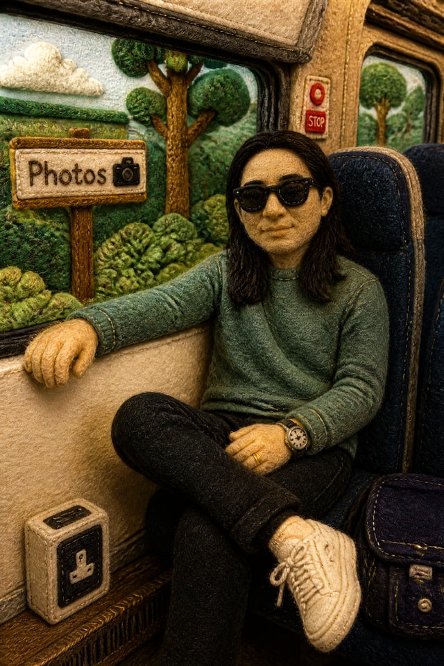 A stop-motion animation style scene featuring a whimsical fabric sculpture of a Steve Rai, crafted f