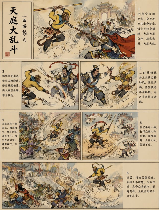 请以传统中国连环画/小人书的风格绘制《西游记》中的“天庭大乱斗”。运用经典的墨线技法，以黑色勾勒轮廓并采用传统着色，描绘孙悟空与天庭大侠激战的动感场景。保持原汁原味的中国传统连环画风格，并以连续的分镜