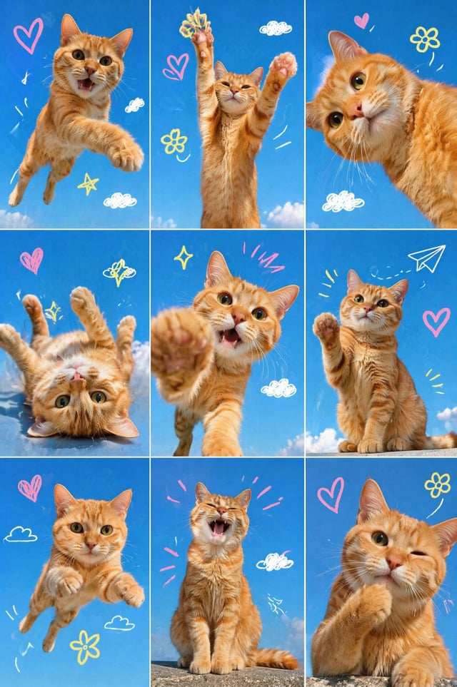 A playful ginger cat featured in a 3x3 collage grid, each frame showing the cat in dynamic poses: ju