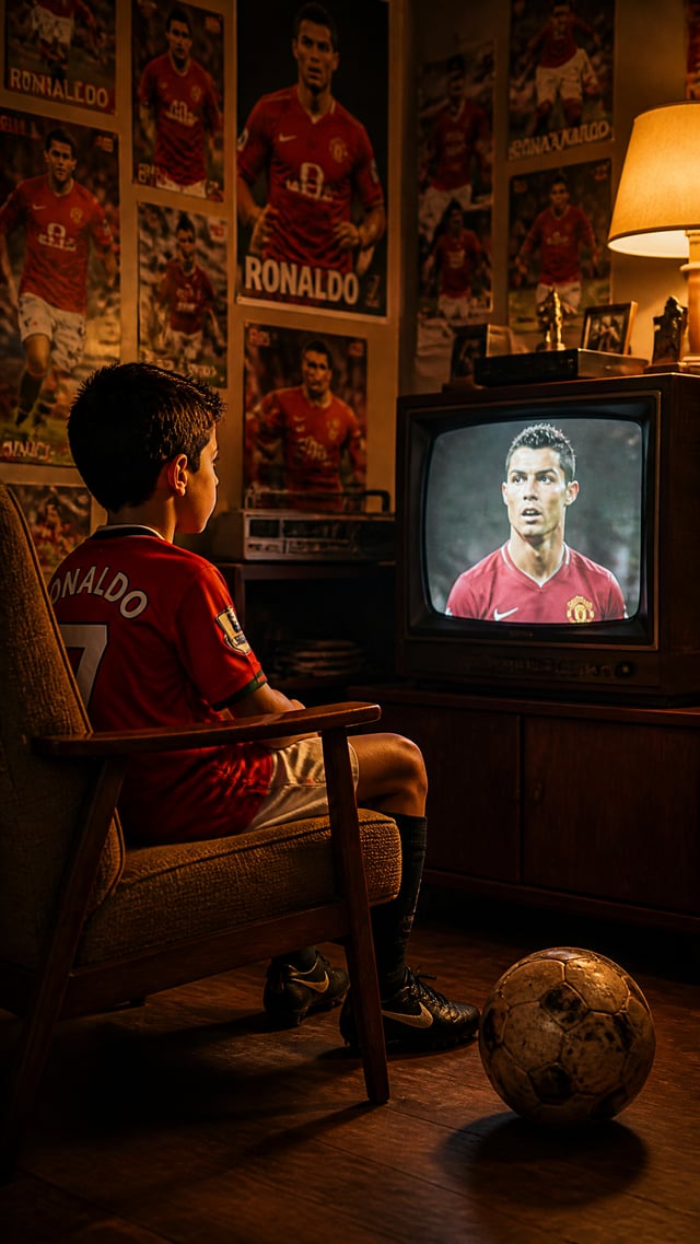 A young kid cristiano ronaldo  wearing a vintage Manchester United kit sits in a mid-century armchai
