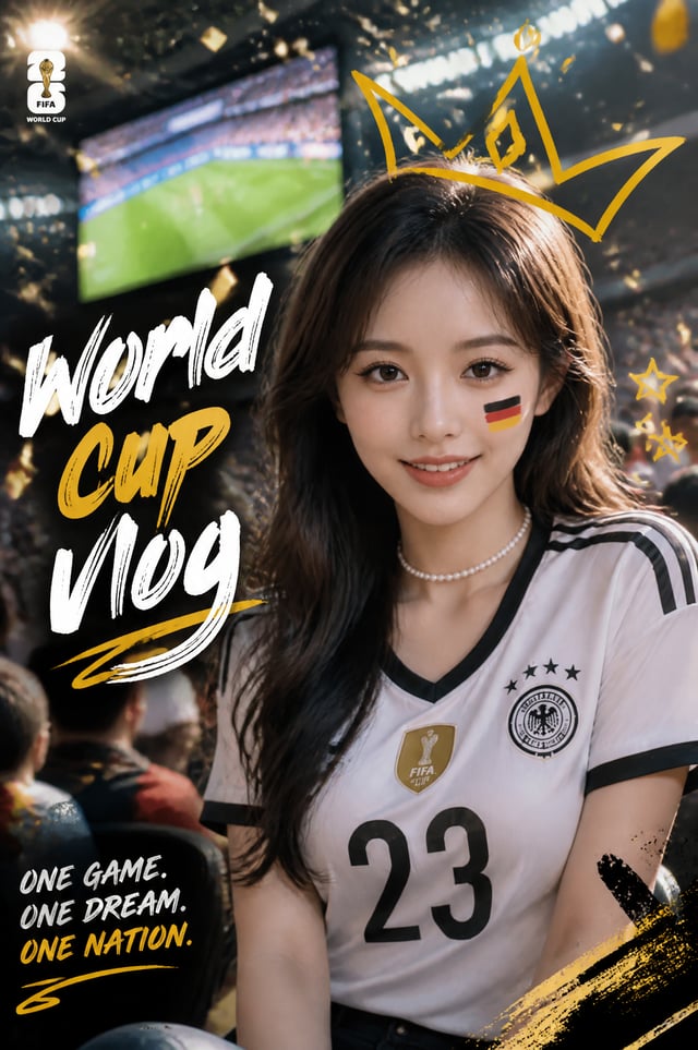 Ultra-realistic sports fan portrait poster, beautiful young woman with long wavy dark brown hair sit