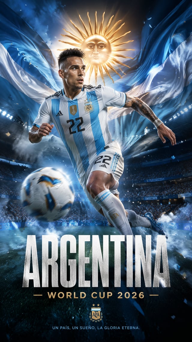cinematic vertical sports poster 9:16, Argentina national football team 2026, heroic striker in dyna