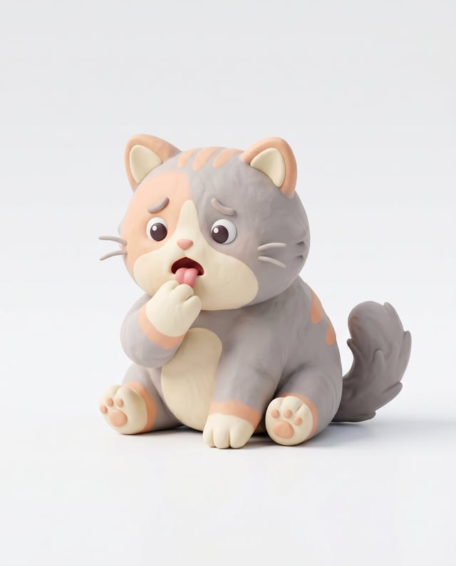 Cute 3D render of a cat, matte finish, sculpted clay icon style, simple stylized design, licking paw